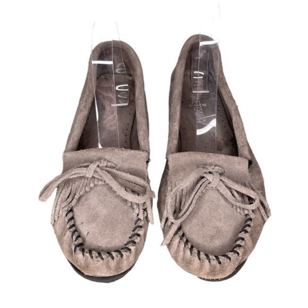 Minnetonka Women's 8 Kilty Hardsole Gray Suede Leather Fringe Moccasins Loafers - Picture 1 of 7